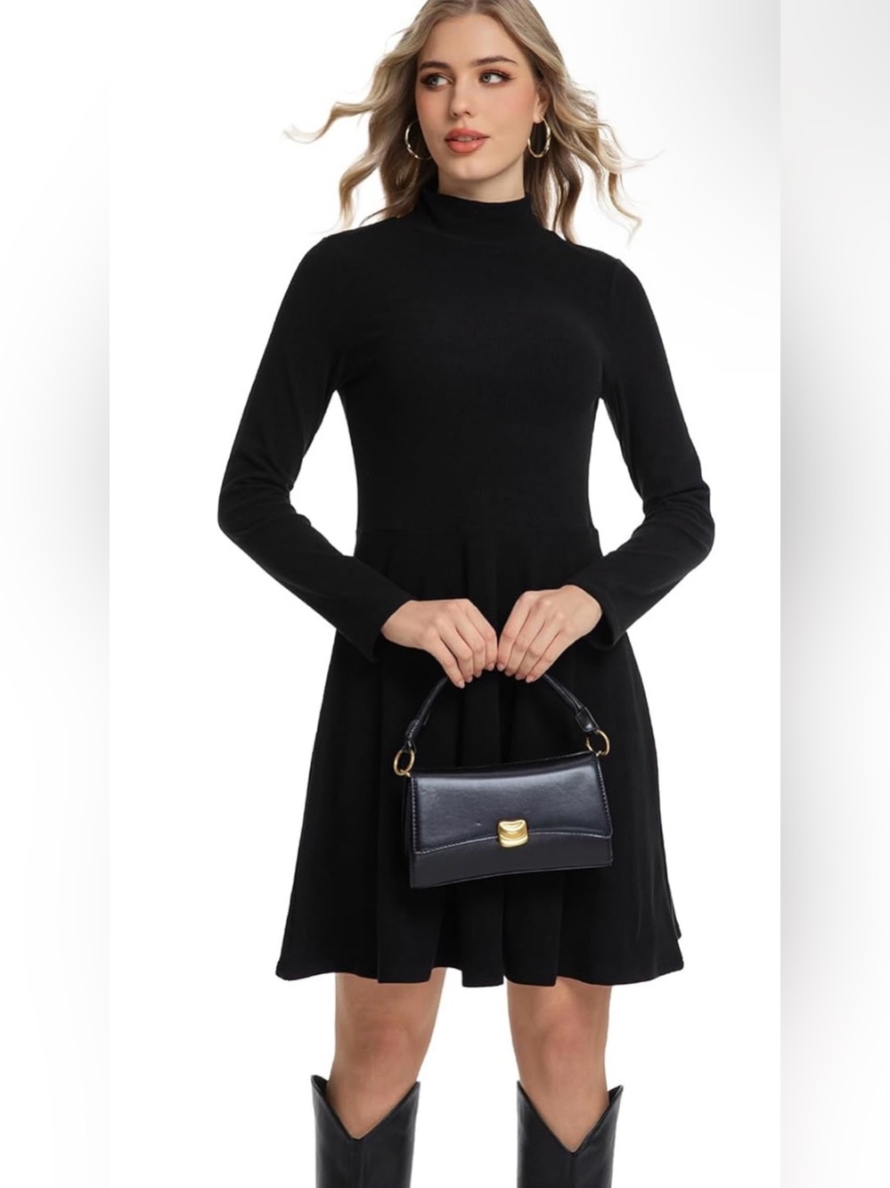 Chic Black Mock Neck A-Line Dress | Long Sleeve | Size M | NWOT
